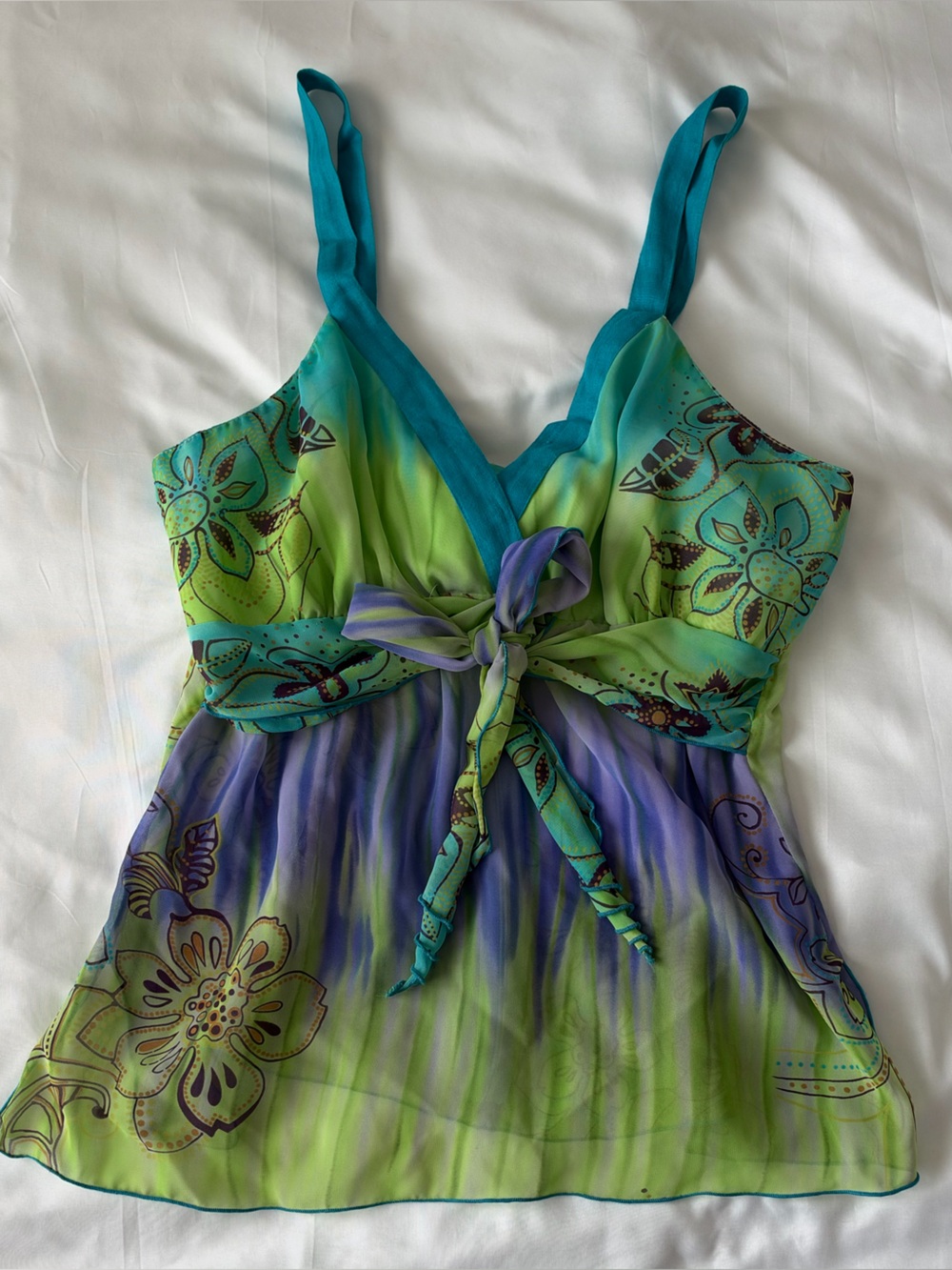 Y2k Vintage Teal, Lime & Purple Floral Tie-Front Tank